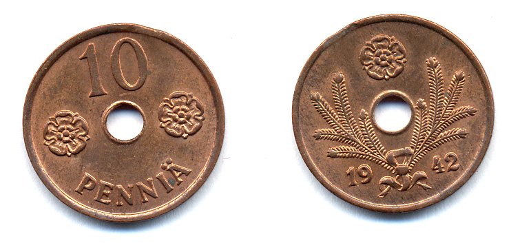 ФИНЛЯНДИЯ 10 ПЕННИ 1942 KM 33.1 медь 51-5019
