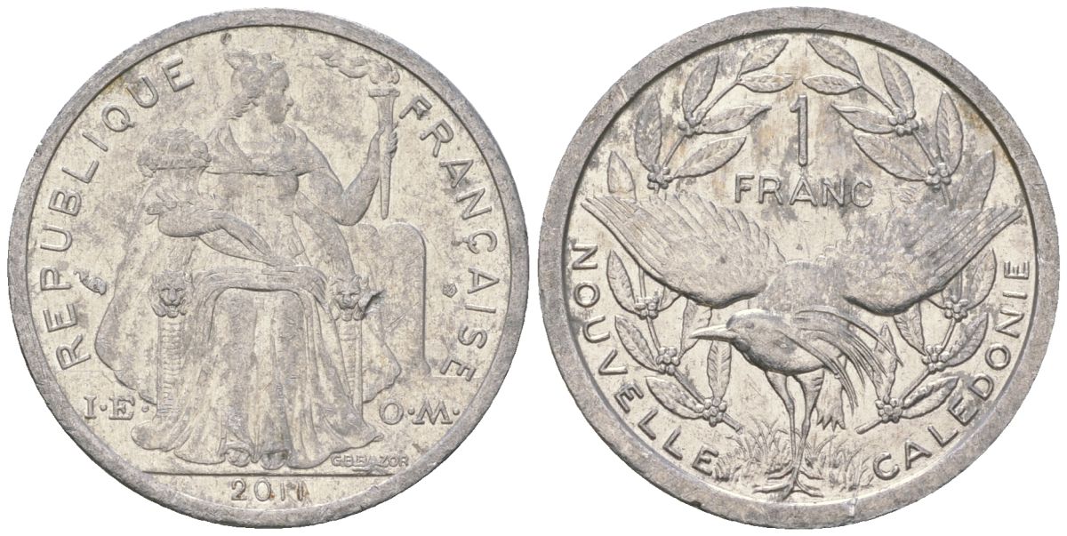 Французская Новая Каледония 1 франк 2011 птица кагу, (IEOM) KM 10, Schoen 10 алюминий 35-1445