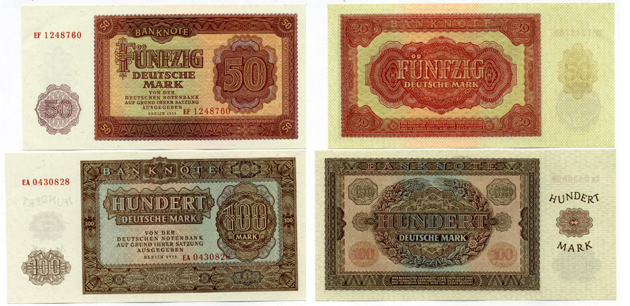 ГДР набор из 5 банкнот 1955 полный комплект (5, 10, 20, 50, 100 марок) Pick 17, 18а, 19а, 20а, 21, Rosenberg 349a, 350a, 351a, 352a, 353a бумага UNC (ПРЕСС) 8613-8-1