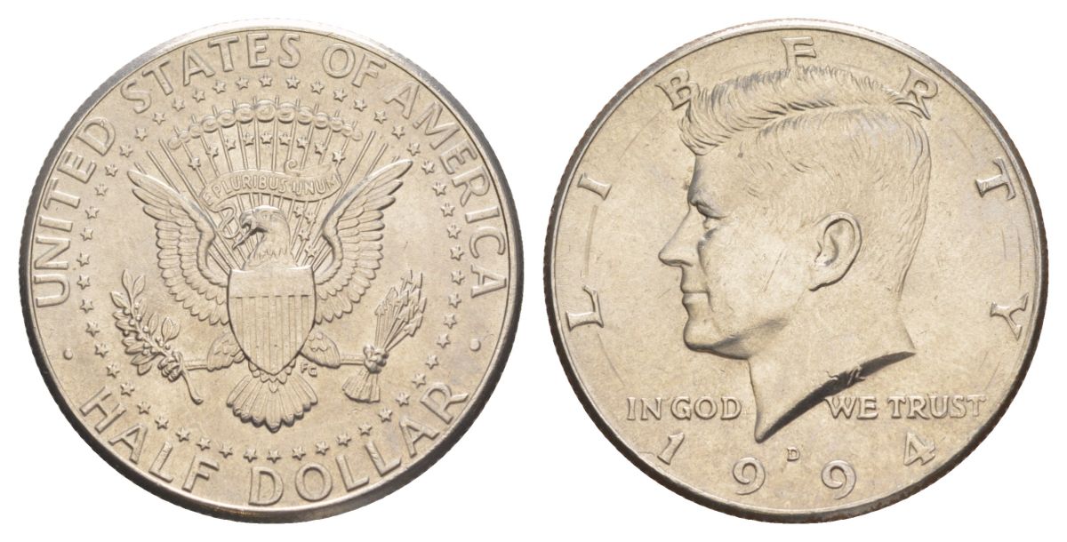 США 1/2 доллара (50 центов) 1994 D, Джон Кеннеди KM A202b медь плакированная медно-никелем aUNC 4382-643