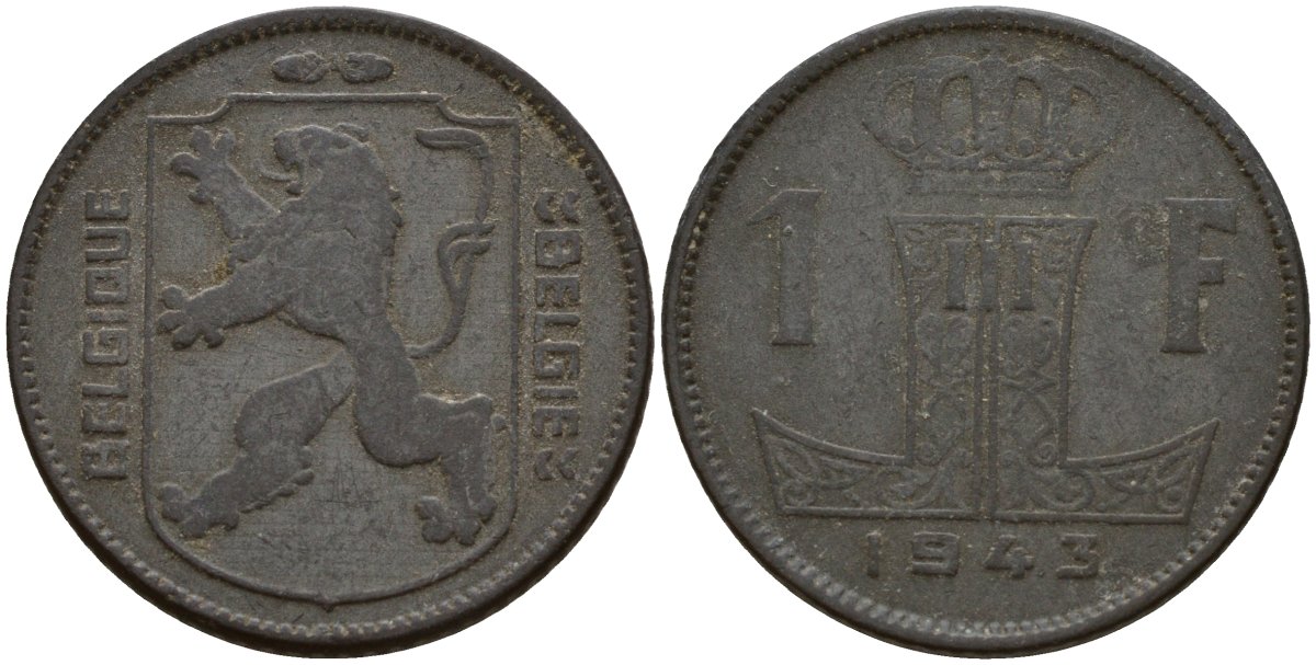 Бельгия 1 франк 1943 Belgique - Belgie, Леопольд III (1934-1947), германская оккупация, Вторая мировая война KM 127 цинк 4161-527
