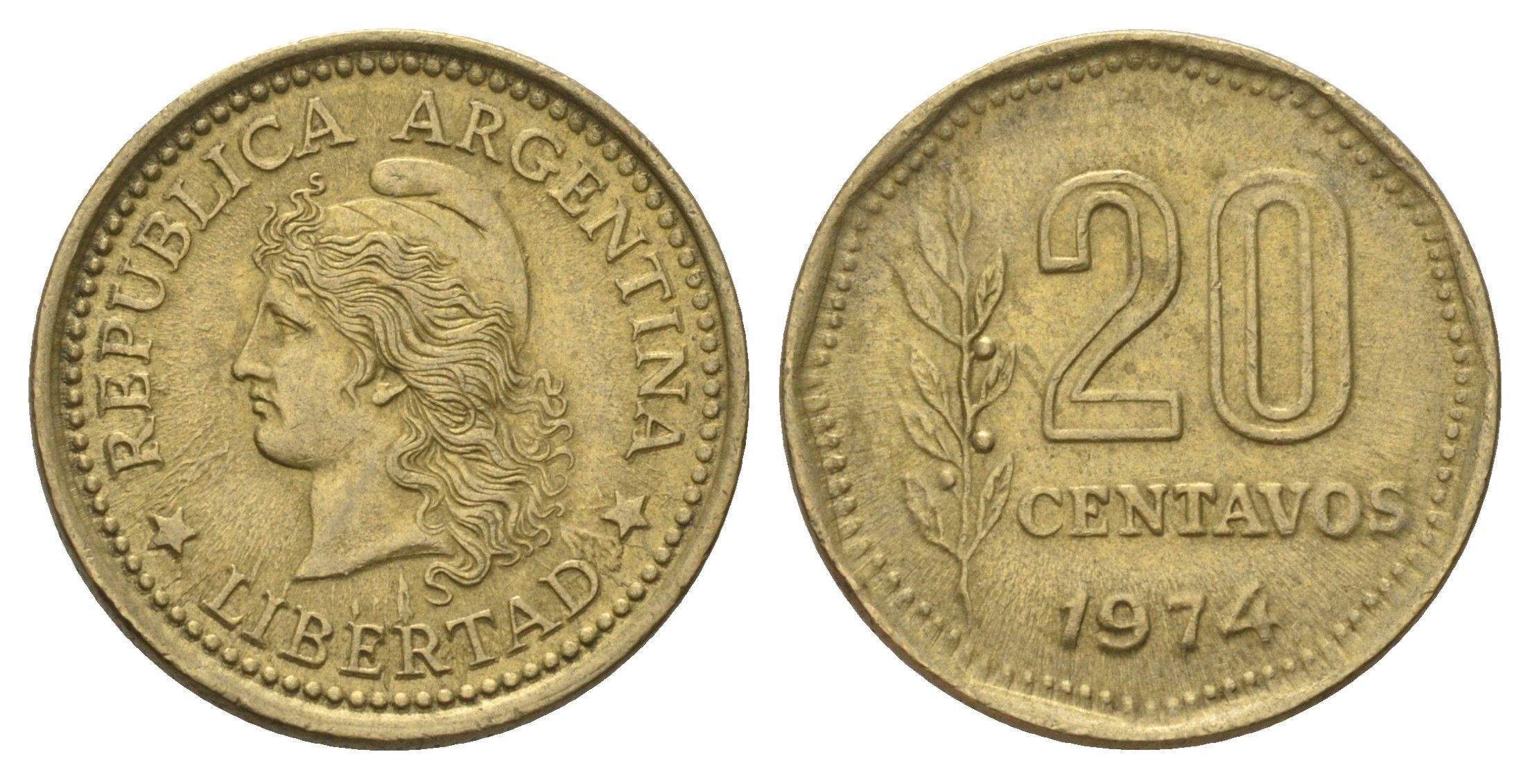Аргентина 20 сентаво 1974 KM 67 латунь 39-868