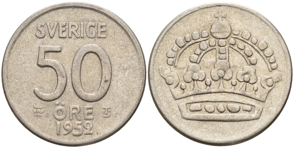 Швеция 50 эре 1952 TS, Густав VI Адольф (1950-1973) KM 825 серебро 4148-915
