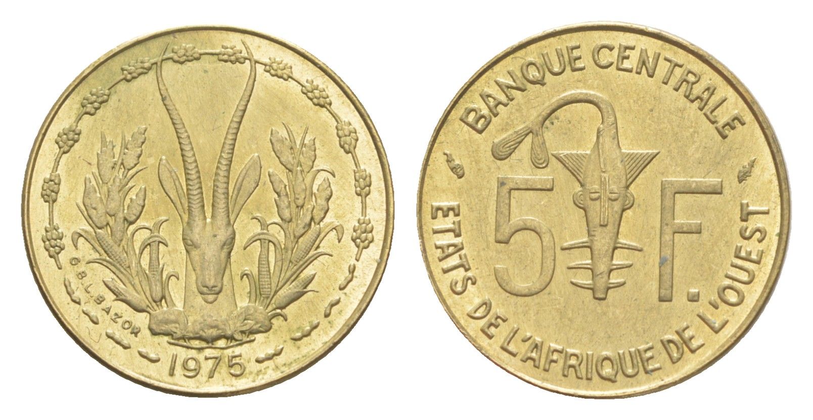 Западная Африка (BCEAO) 5 франков 1975 KM 2a медь алюминий никель UNC 4651-866