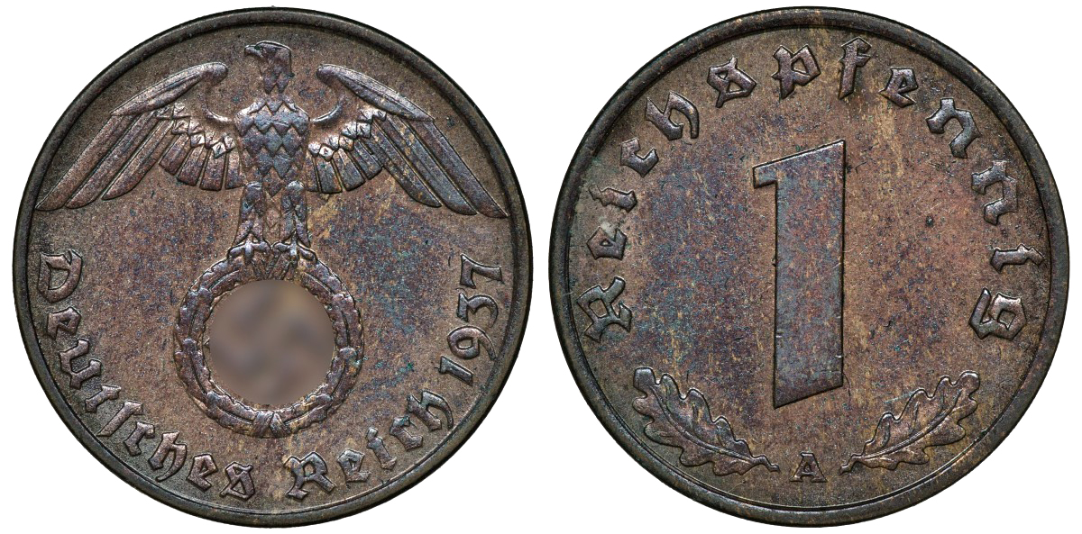 ГЕРМАНИЯ 1 РЕЙХСПФЕННИГ 1937 A J 361, KM 89 бронза aUNC 72-1615