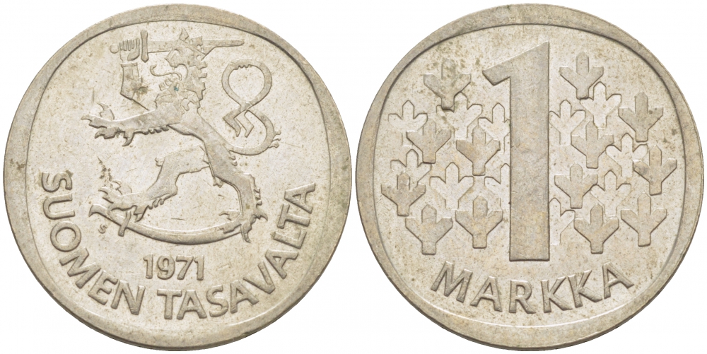 ФИНЛЯНДИЯ 1 МАРКА 1971 S KM 49а медно-никель 3718-754