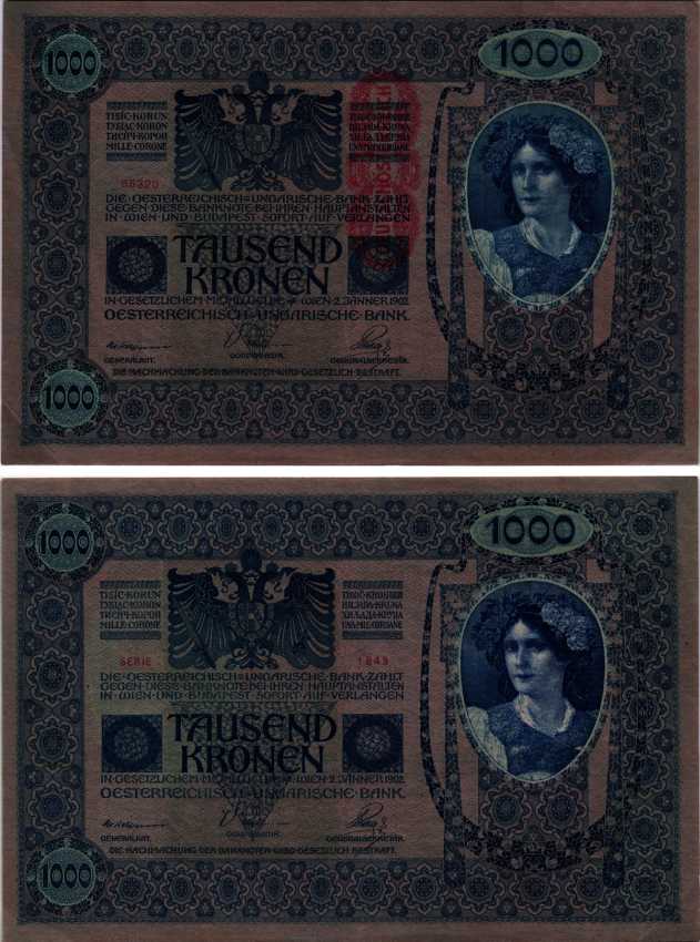 АВСТРИЯ 1000 КРОН 1919 КРАСНАЯ ВЕРТИКАЛЬНАЯ НАДПЕЧАТКА НА 1902 Pick 59 бумага XF 8607-2-1