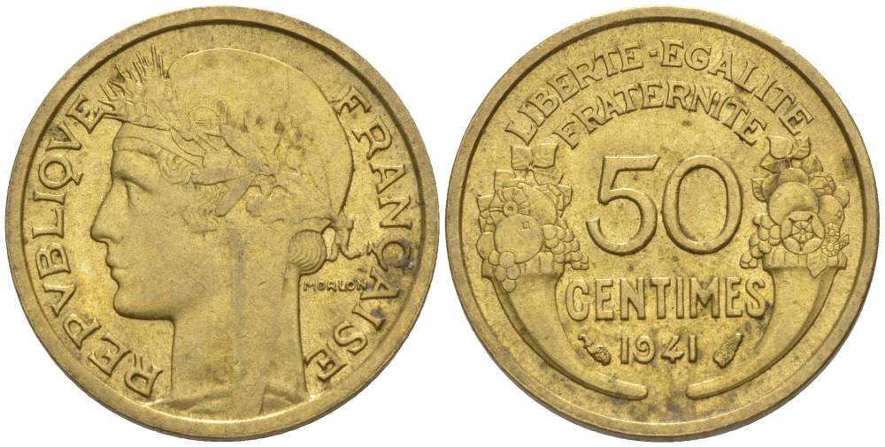 ФРАНЦИЯ 50 САНТИМОВ 1941 ТИП MORLON KM 894.1, LE FRANC 192.18 алюминиевая бронза 44-639