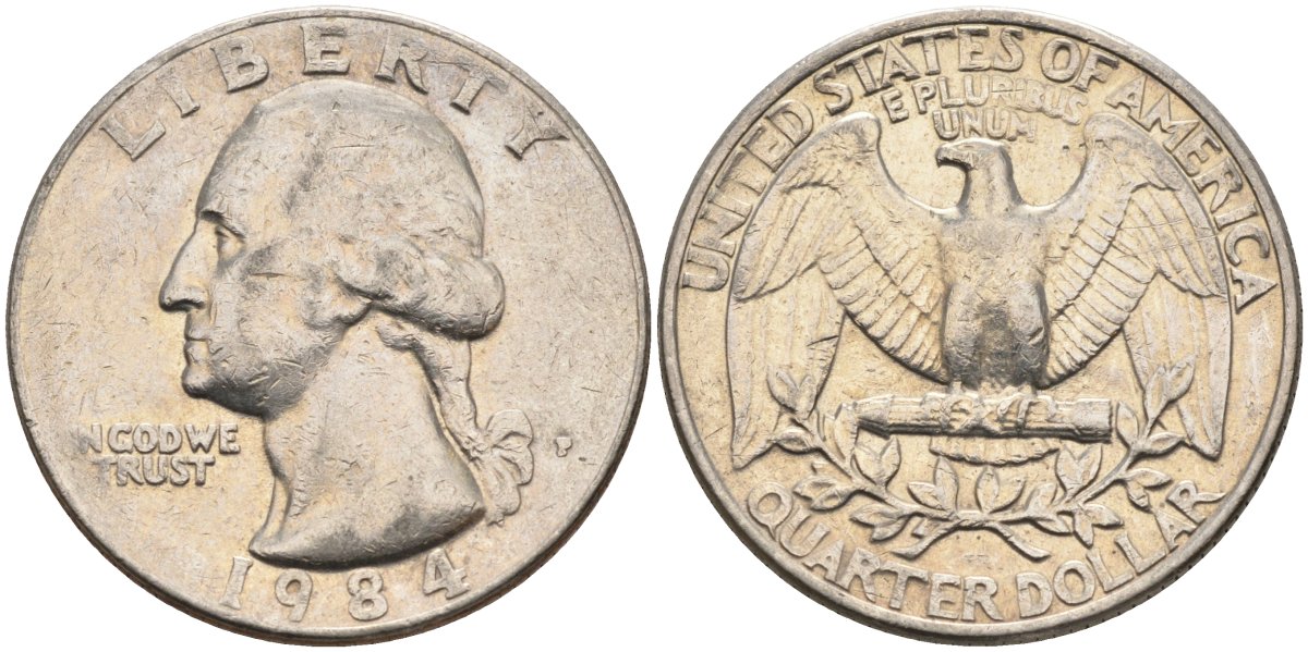 США 25 центов (квотер) 1984 P, Вашингтон KM A164a медь плакированная медно-никелем 4584-1221