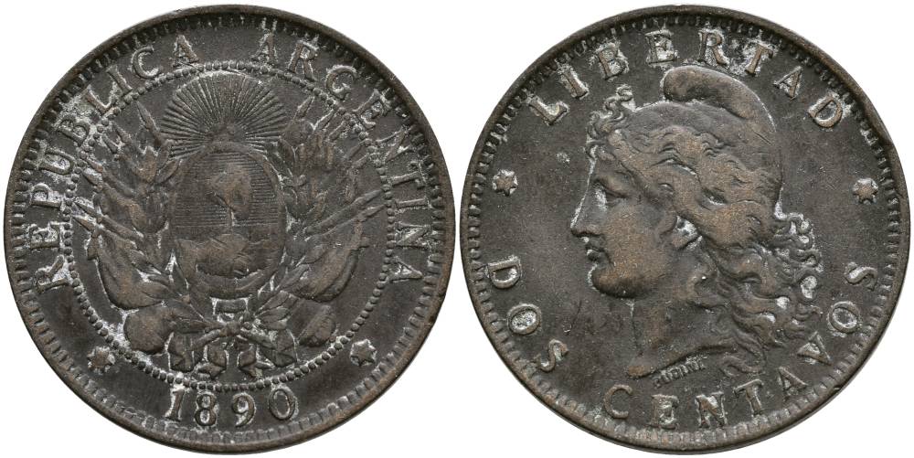 Аргентина 2 сентаво 1890 голова свободы влево KM 8 бронза 4531-935