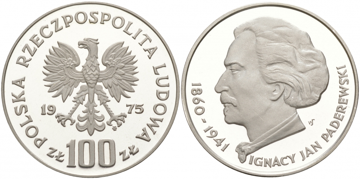 Польша 100 злотых 1975 MW, Игнаций Ян Падеревский (1860-1941) KM 77, Parchimowicz 273 серебро PROOF 1087-8-71