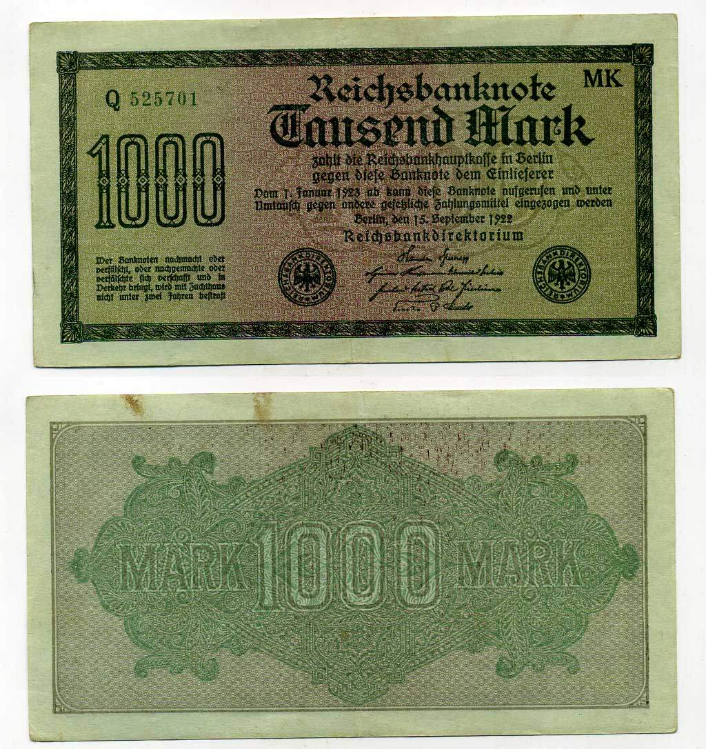 ГЕРМАНИЯ 1000 МАРОК 1922 15 СЕНТЯБРЯ 1922, ВОДЯНОЙ ЗНАК К, ЗЕЛЁНАЯ БУМАГА Pick 76h бумага 6283-51-2