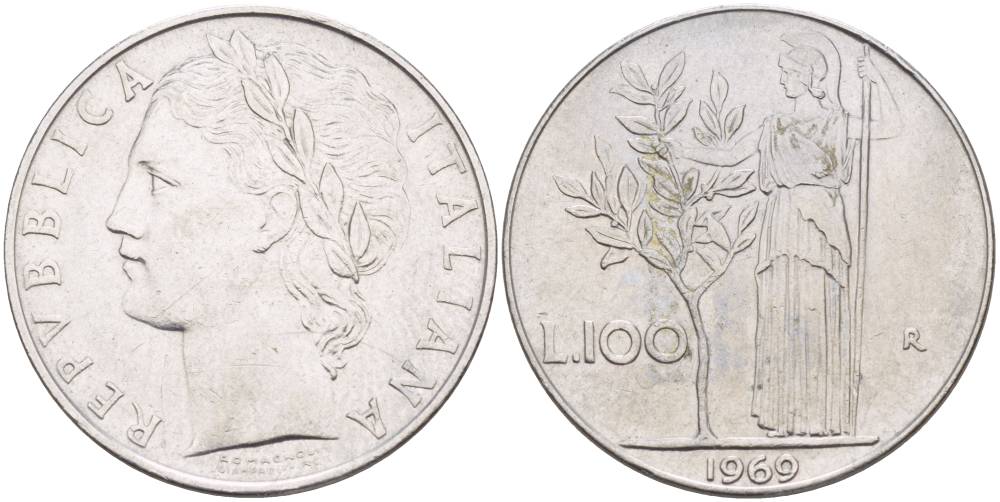 ИТАЛИЯ 100 ЛИР 1969 R, АФИНА У ОЛИВКОВОГО ДЕРЕВА KM 96.1 нержавеющая сталь 4545-642
