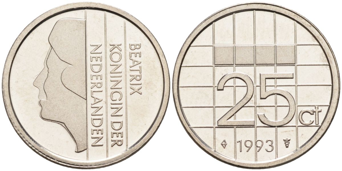 Нидерланды 25 центов 1993 Беатрикс (1980-2013) KM 204 никель UNC 4588-924