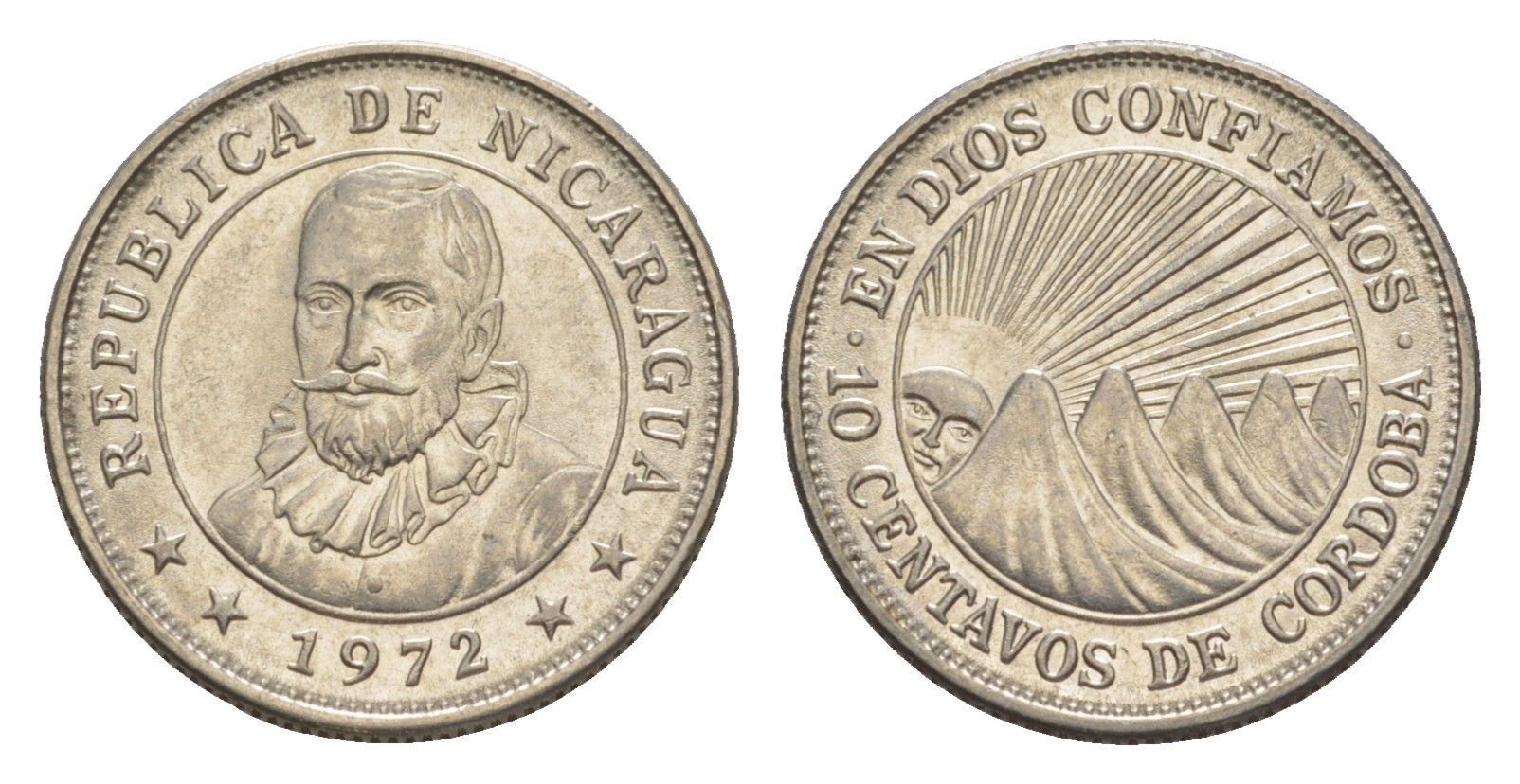Никарагуа 10 сентаво 1972 KM 17.2a сталь плакированная никелем UNC 4640-1021