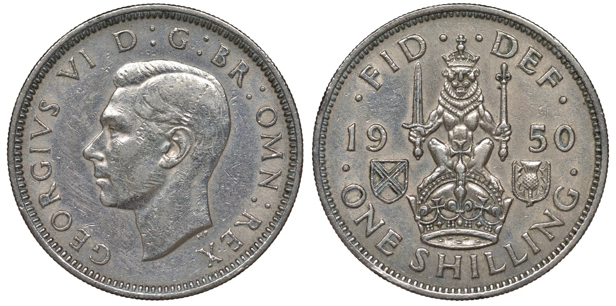 Великобритания 1 шиллинг 1950 Георг VI (1936-1952), Шотландский герб KM 877, Spink 4109 медно-никель 4122-534