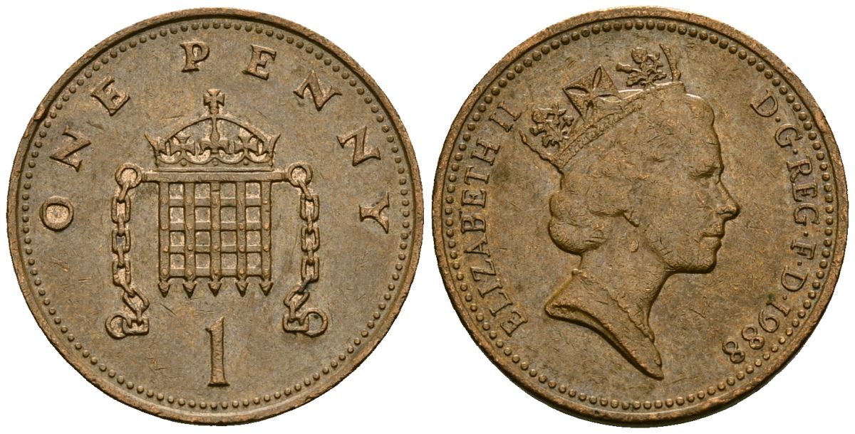 Великобритания 1 пенни 1988 Елизавета II (1952-2022) KM 935, Spink 4381 (B3) бронза 4167-1232