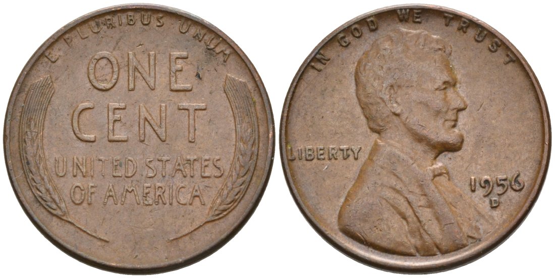 США 1 цент 1956 D, Линкольн KM А132 медь цинк 4564-257