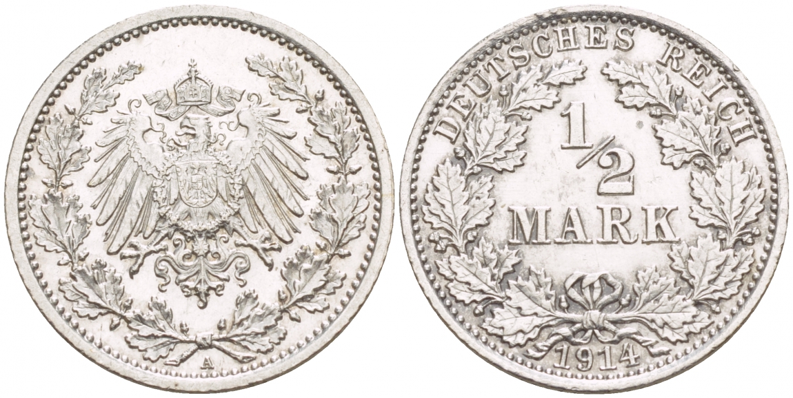 ГЕРМАНИЯ 1/2 МАРКИ 1914 А KM 17 J.16 серебро 4549-769