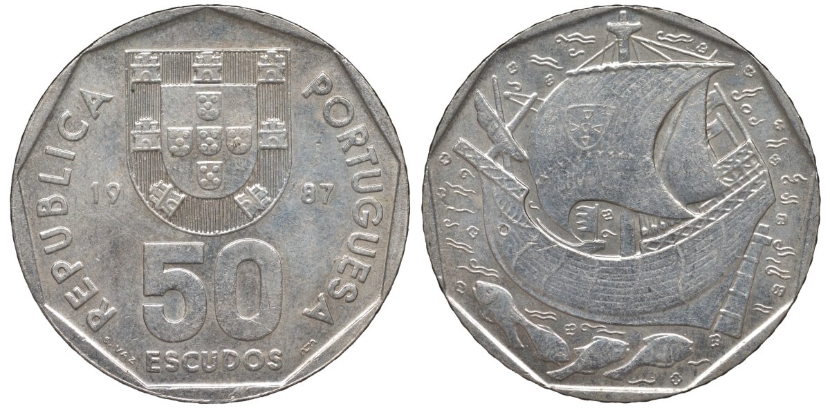 Португалия 50 эскудо 1987 парусник KM 635 медно-никель 69-541