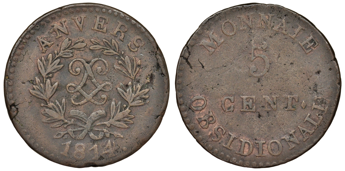 Французская осада Антверпена (Нидерланды) 5 сантимов 1814 монограмма Людовика XVIII KM 4.1 медь 503-633