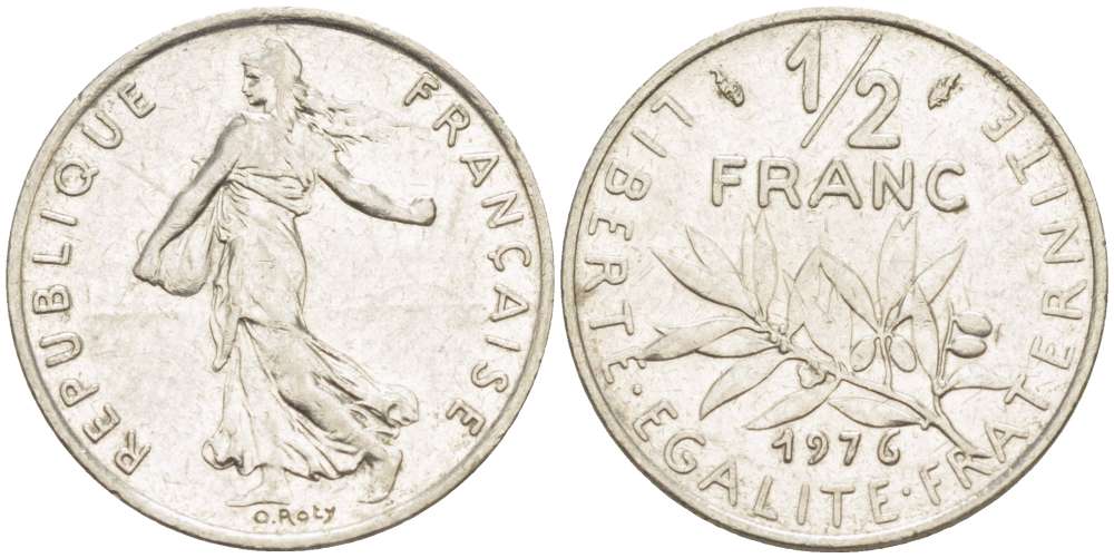ФРАНЦИЯ 1/2 ФРАНКА 1976 СЕЯТЕЛЬ KM 931.1, LE FRANC 198.15 никель 4519-831