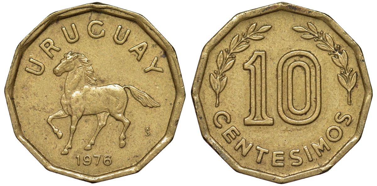 Уругвай 10 сентесимо 1976 KM 66 алюминиевая бронза 4164-736