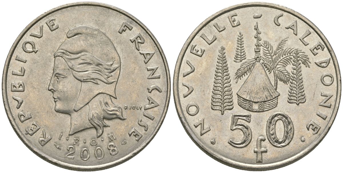 Французская Новая Каледония 50 франков 2008 хижина среди сосен и пальм, (IEOM) KM 13a, Schoen 15a, Lec 128i медно-никель 114-344