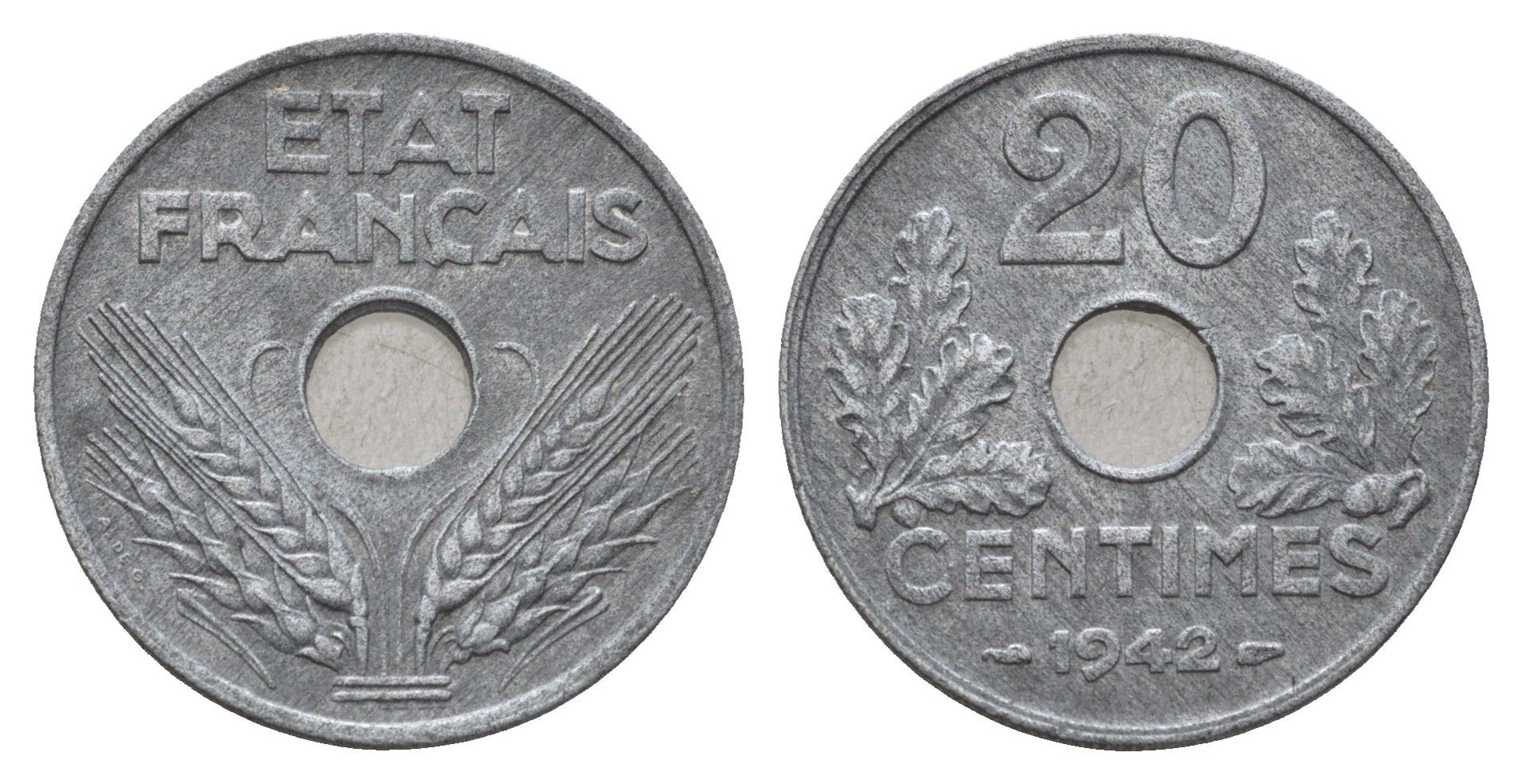 Франция 20 сантимов 1942 KM 900 цинк 3856-152