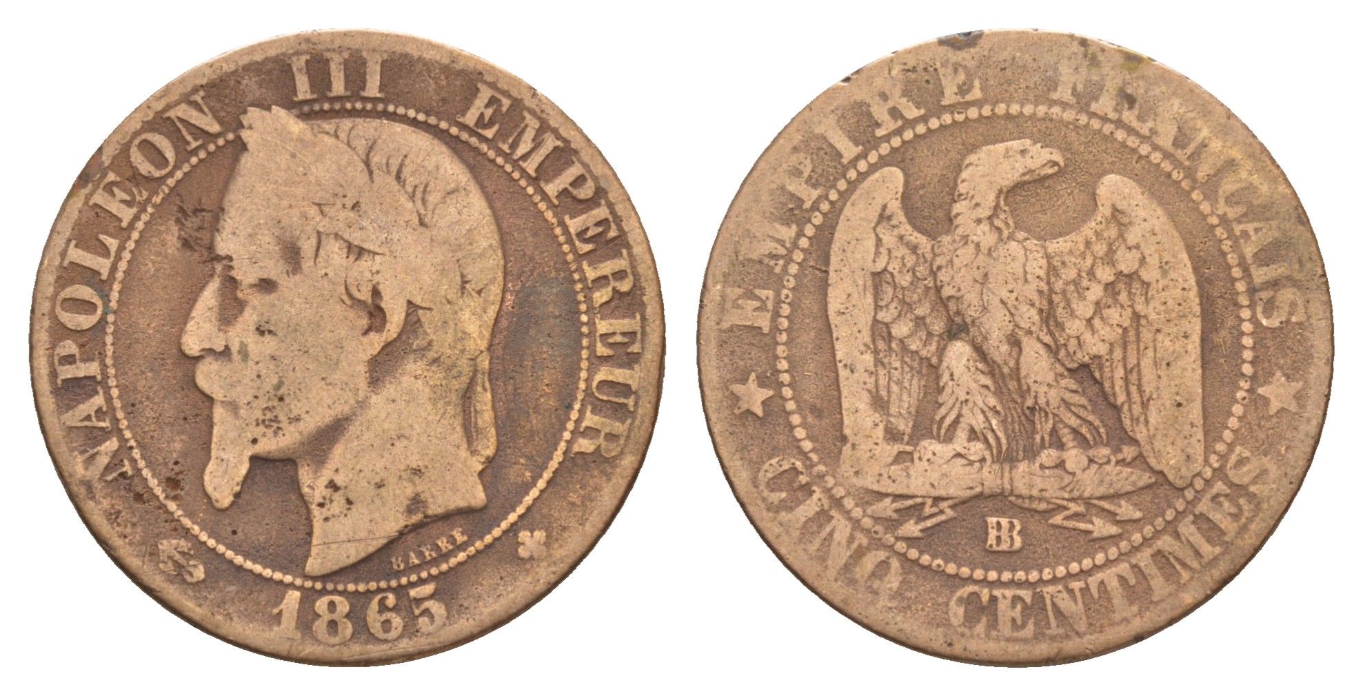 Франция 5 сантимов 1865 BB, Наполеон III (1852-1870) KM 797.2, Le Franc 117/115 бронза 4657-542