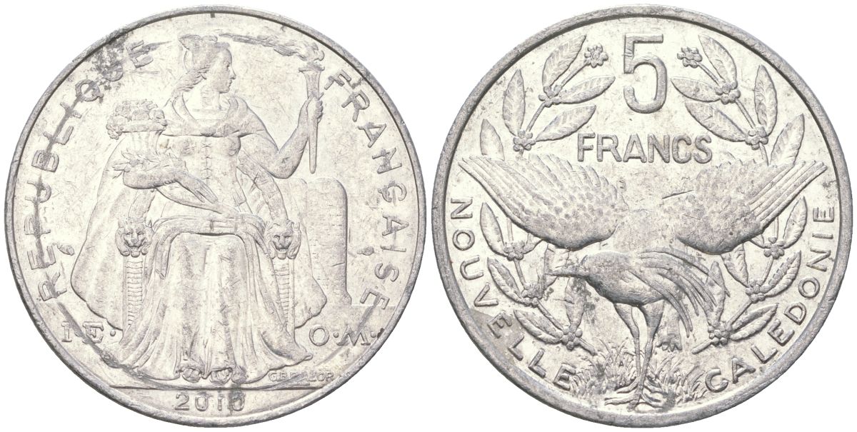 Французская Новая Каледония 5 франков 2010 птица кагу, (IEOM) KM 16, Schoen 12, Lec 81k алюминий 4111-545