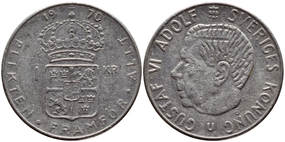 Швеция 1 крона 1970 Густав VI Адольф (1950-1973) KM 826a медь плакированная медно-никелем 4388-941