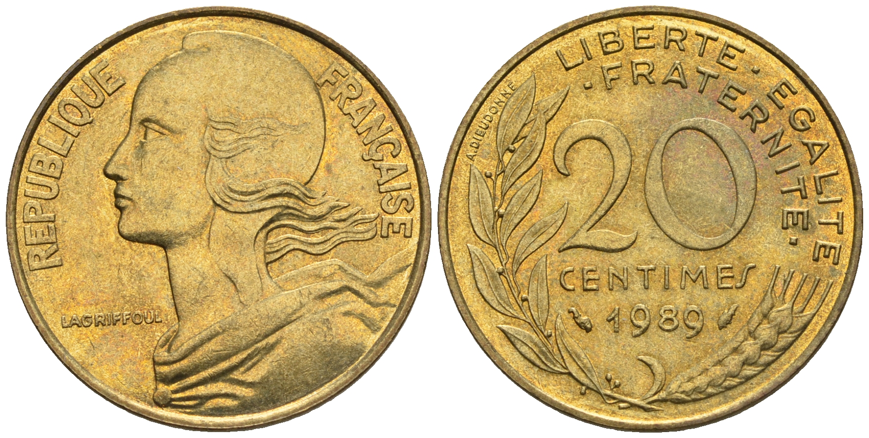 Франция 20 сантимов 1989 тип Marianne KM 930 медь алюминий никель 85-124