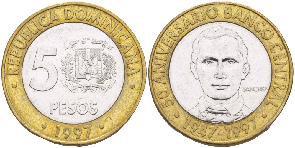 Доминиканская республика 5 песо 1997 50 лет центральному банку KM 88 биметалл 4541-1114
