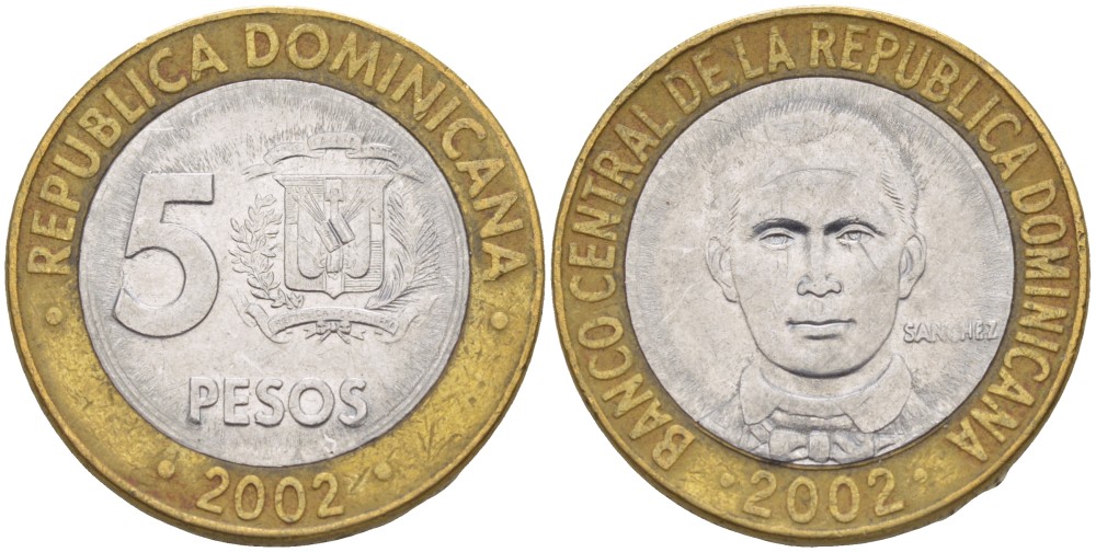 Доминиканская республика 5 песо 2002 Санчес KM 89 биметалл 4541-1122