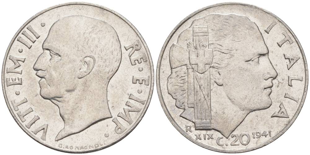 ИТАЛИЯ 20 ЧЕНТЕЗИМО 1941 R, ГОД XIX, ВИКТОР ЭММАНУИЛ III (1900-1946) KM 75b, VEM3. 1028 нержавеющая сталь 3853-626