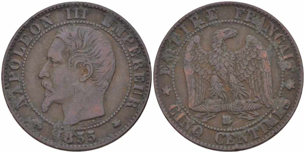 Франция 5 сантимов 1855 BB, Наполеон III (1852-1870) KM 777.3, LE FRANC 116.21 бронза 108-323