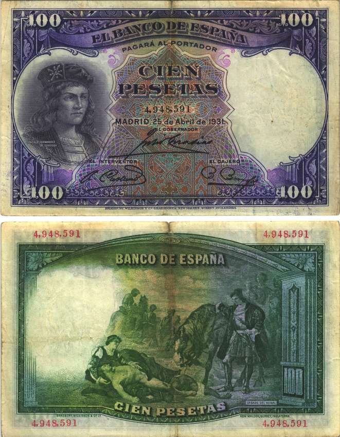 Испания 100 песет 1931 Гонсало Фернандес де Кордова, картина Касадо дель Алисаль Pick 83 бумага VF 7552-66-2-2