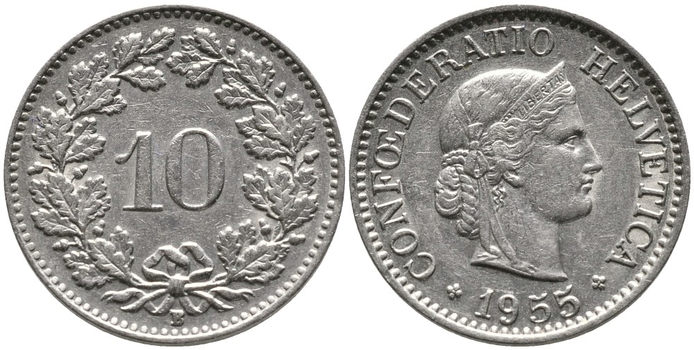 ШВЕЙЦАРИЯ 10 РАППЕНОВ 1955 В KM 27 медно-никель 4539-447
