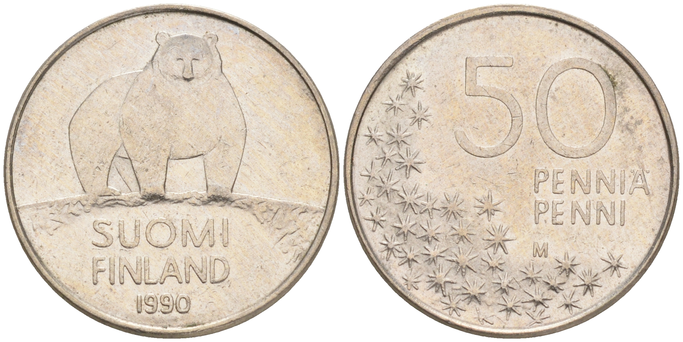 Финляндия 50 пенни 1990 M, полярный медведь KM 66 медно-никель 4528-657
