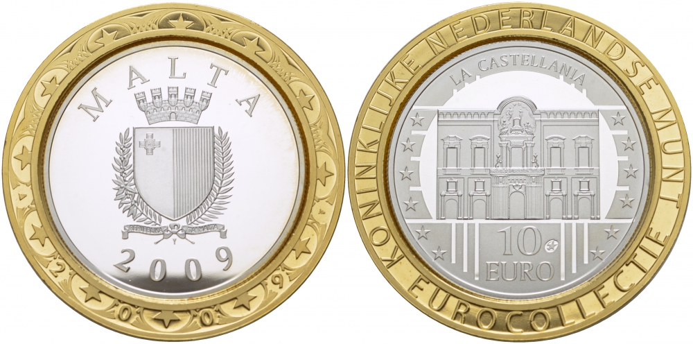Мальта 10 евро 2009 серия культурное наследие, дворец Кастеллания, евроколлекция Нидерландского монетного двора KM 133 серебро PROOF 1068-9-13