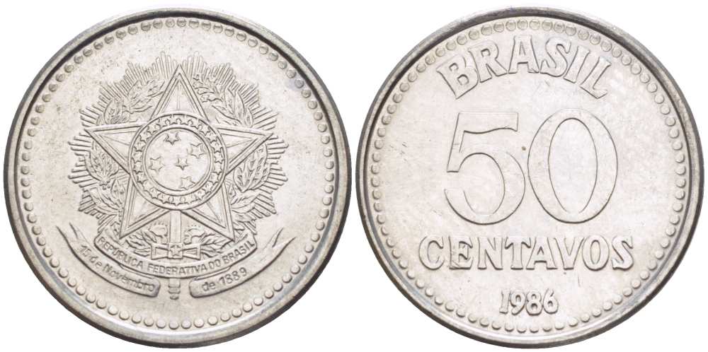 Бразилия 50 сентаво 1986 реформа 1986-1989 KM 604 нержавеющая сталь 217-1256