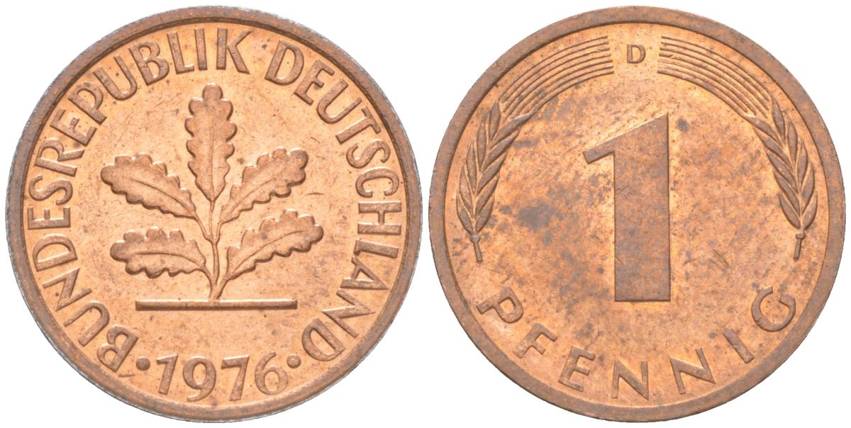 ФРГ 1 пфенниг 1976 D KM 105 сталь плакированная медью aUNC 4613-1211