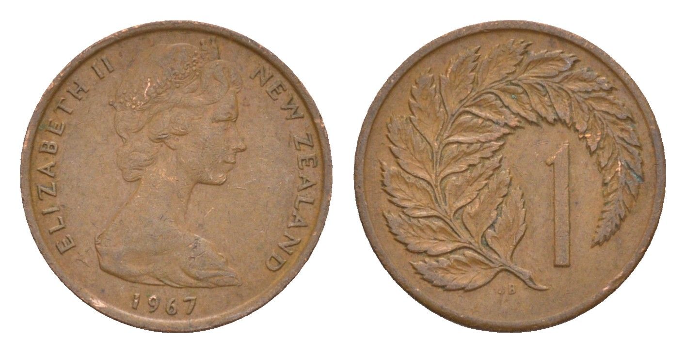 Новая Зеландия 1 цент 1967 Елизавета II (1952-2022), лист папоротника KM 31.1 бронза 4178-165