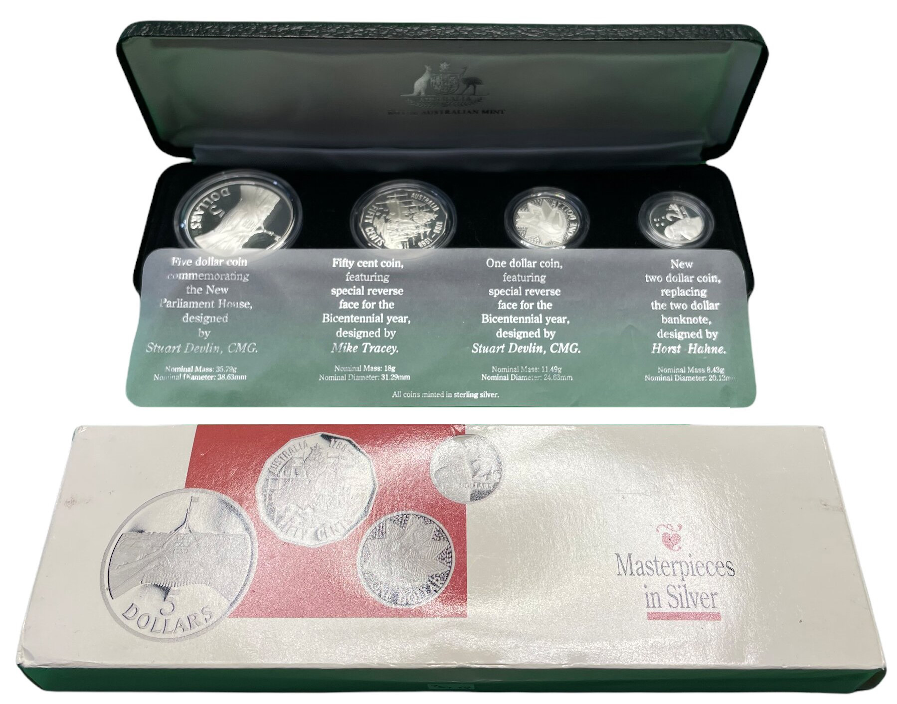 Австралия набор из 4 монет 1988 50 центов, 1, 2, 5 долларов, в оригинальной коробке, с сертификатом KM PS 56 (99а, 100а, 101а, 102а) серебро PROOF 7-5-1-19