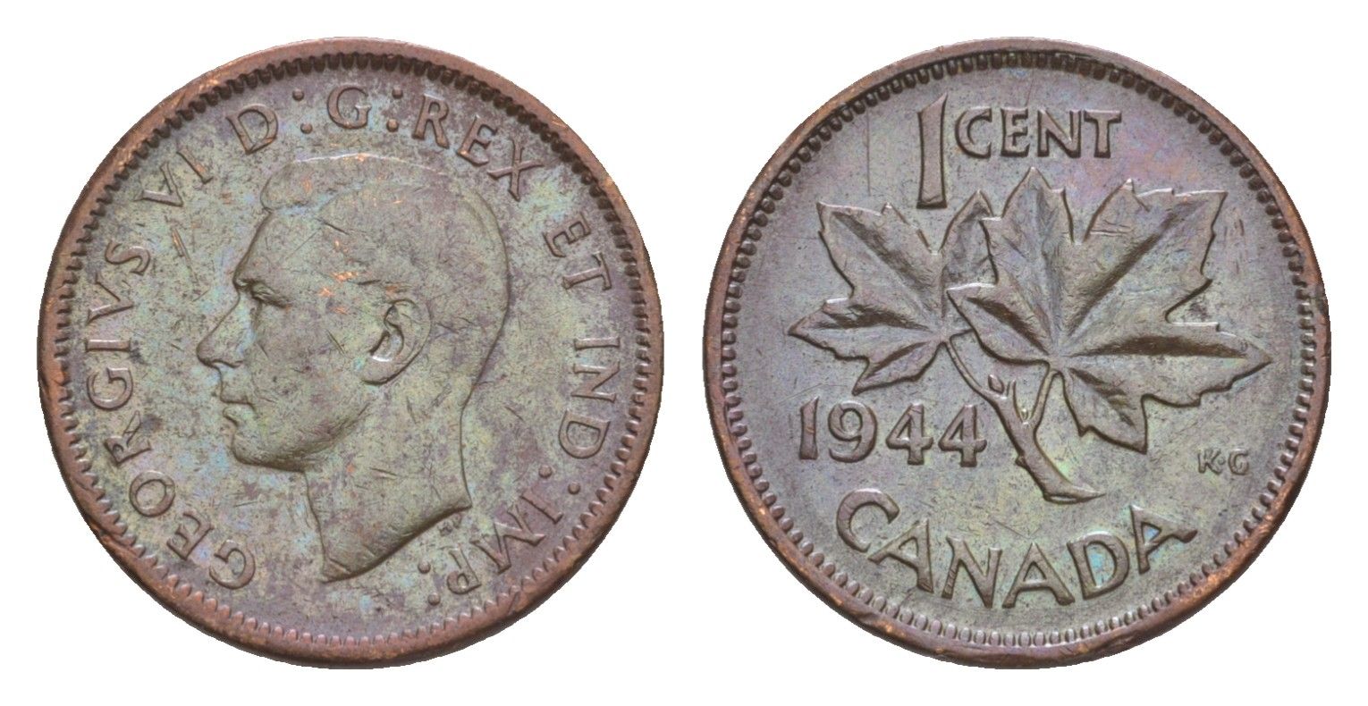Канада 1 цент 1944 Георг VI (1936-1952), кленовый лист KM 32 бронза 4639-258