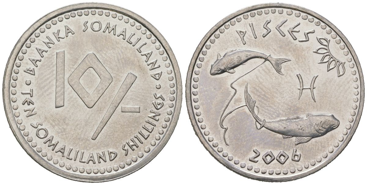 Сомалиленд 10 шиллингов 2006 знаки зодиака - Рыбы KM 8 нержавеющая сталь 4571-145