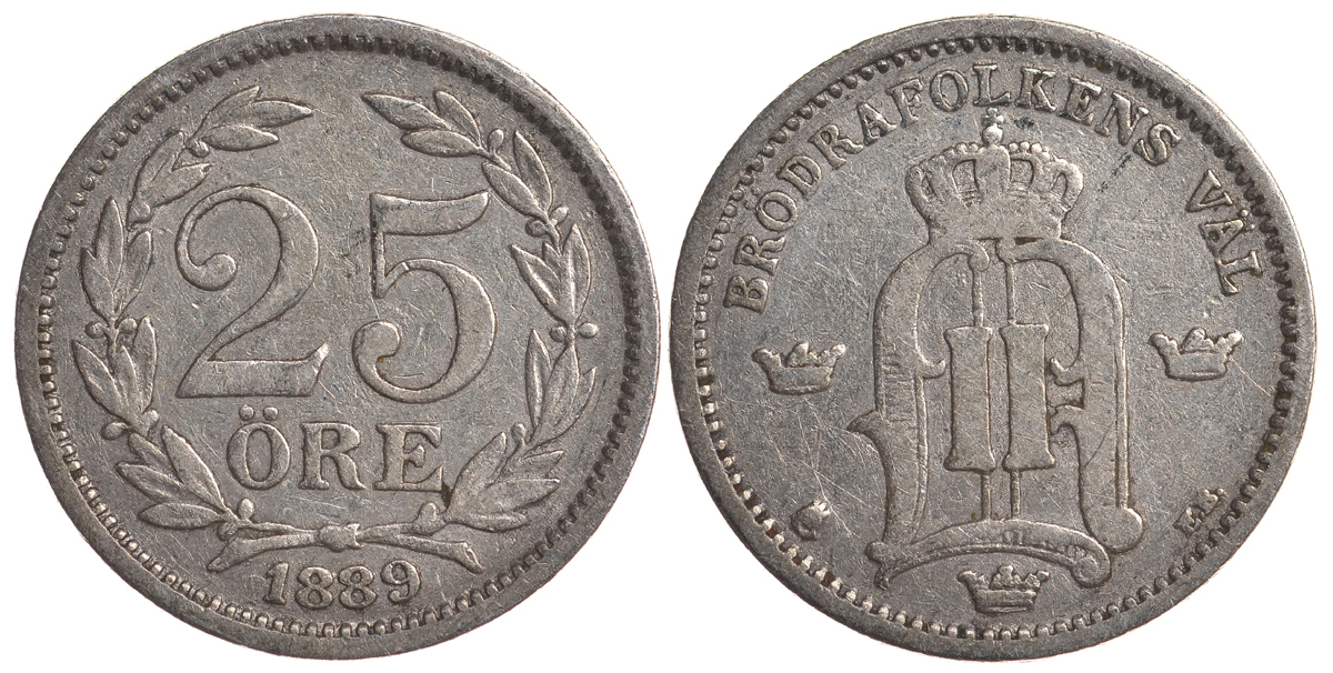 Швеция 25 эре 1889 EB, Оскар II (1872-1907) король Швеции и Норвегии KM 739 серебро 4179-821
