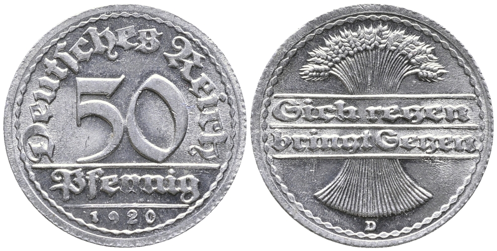 ГЕРМАНИЯ 50 ПФЕННИГОВ 1920 D KM 27, J. 301 алюминий UNC 24-937