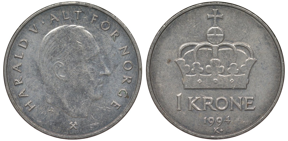 Норвегия 1 крона 1994 Харальд V (1991-) KM 436 медно-никель 4128-1112